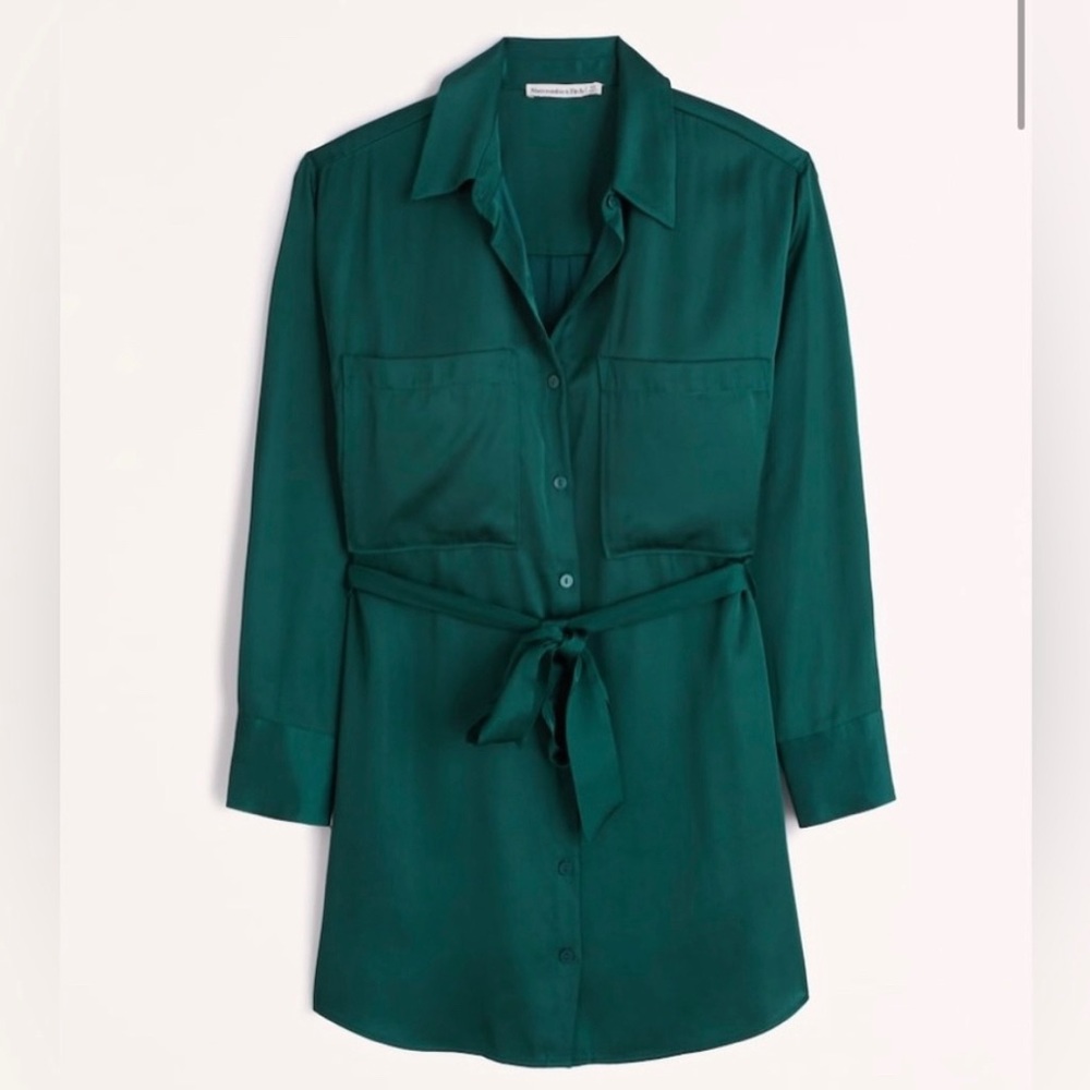 Abercrombie & Fitch A&f Long Sleeve Button Up Satin Shirt Belted Dress